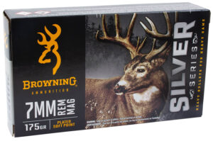 Browning Silver Series 7mm Rem Mag 175 gr Plated Soft Point ammo box and rounds