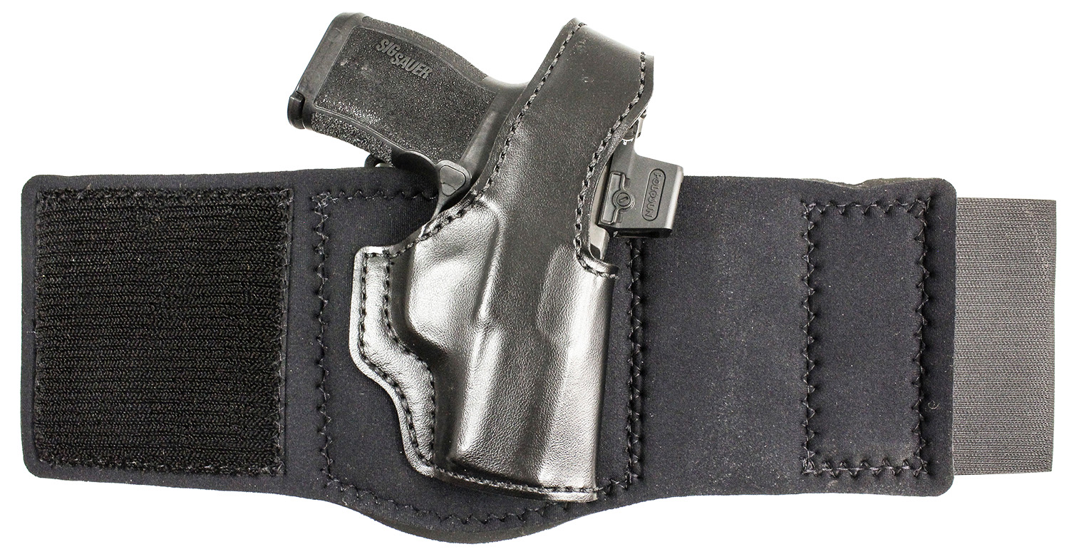 DeSantis Die Hard Rig black top-grain leather ankle holster for Sig Sauer P365 with red dot, right hand
