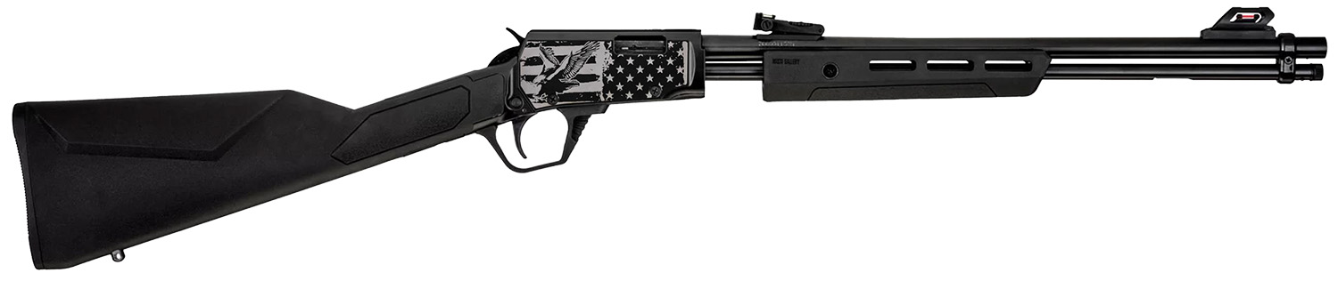 Rossi Gallery RP2218SY-EN18 18-inch .22 LR pump rifle with black synthetic stock and distressed American flag receiver