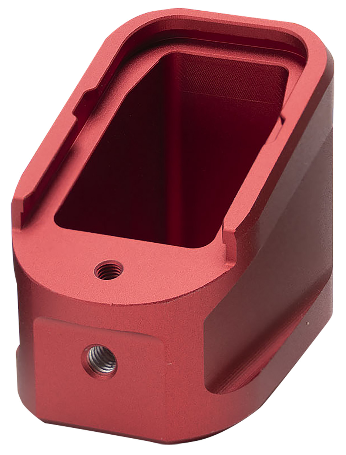 Red anodized aluminum extended mag plate for Glock G17 and G22 magazines