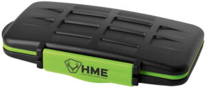 HME memory card storage case holds 12 SD and 12 microSD cards, black/green ABS shell