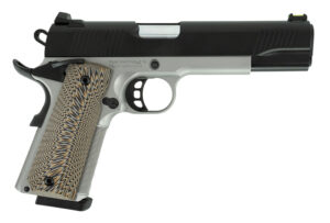 Tisas 1911 D10 FO 10mm pistol, 5-inch barrel, stainless frame, black Cerakote slide, tan/black G10 grips