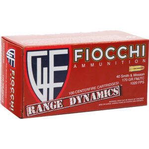 Fiocchi Range Dynamics 40 S&W 170 gr FMJTC ammunition box and rounds