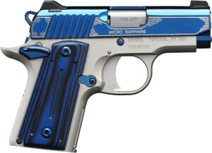 Kimber Micro Sapphire .380 ACP pistol with bright blue PVD slide, satin silver frame finish and black/blue ball-milled G-10 g