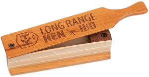 Knight & Hale HD Long Range Hen Box Call in cherry and walnut wood finish, double-sided box call