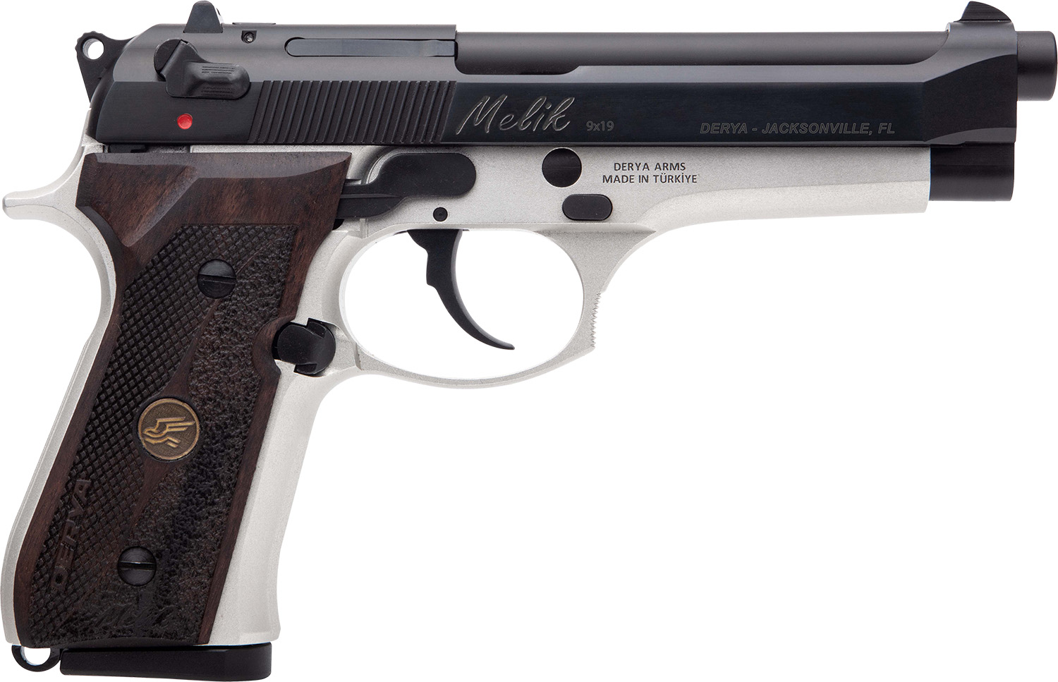 Derya Melik 9mm two-tone pistol with 4.9-inch barrel and black Melonite slide