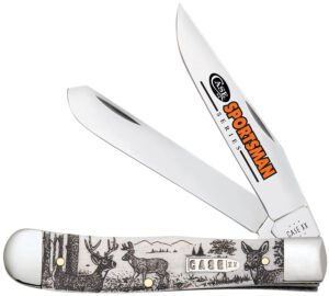 Case Trapper Deer folding knife with deer-embellished natural bone handle and two blades