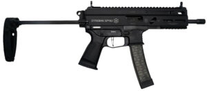 Grand Power Stribog SP9A1 9mm sub pistol with 8-inch threaded barrel and PDW tailhook brace, black finish