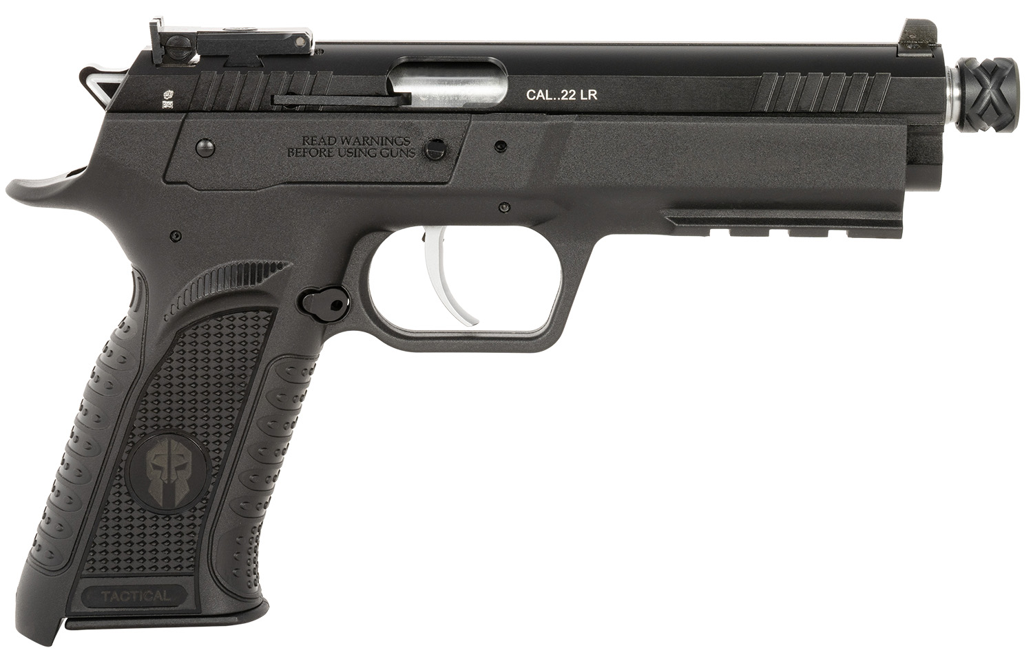 Tanfoglio TFFTAC22AS Force Tactical .22 LR pistol with 4.40" threaded barrel, black serrated slide, black polymer frame