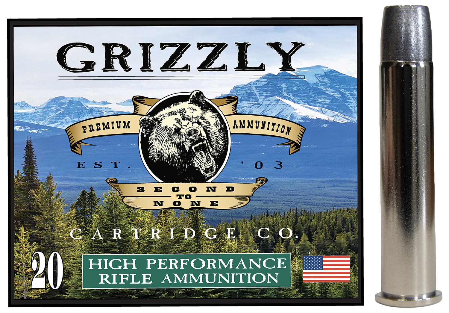 Grizzly Ammo .45-70 Government 405gr bonded flat point ammunition, 20 rounds per box