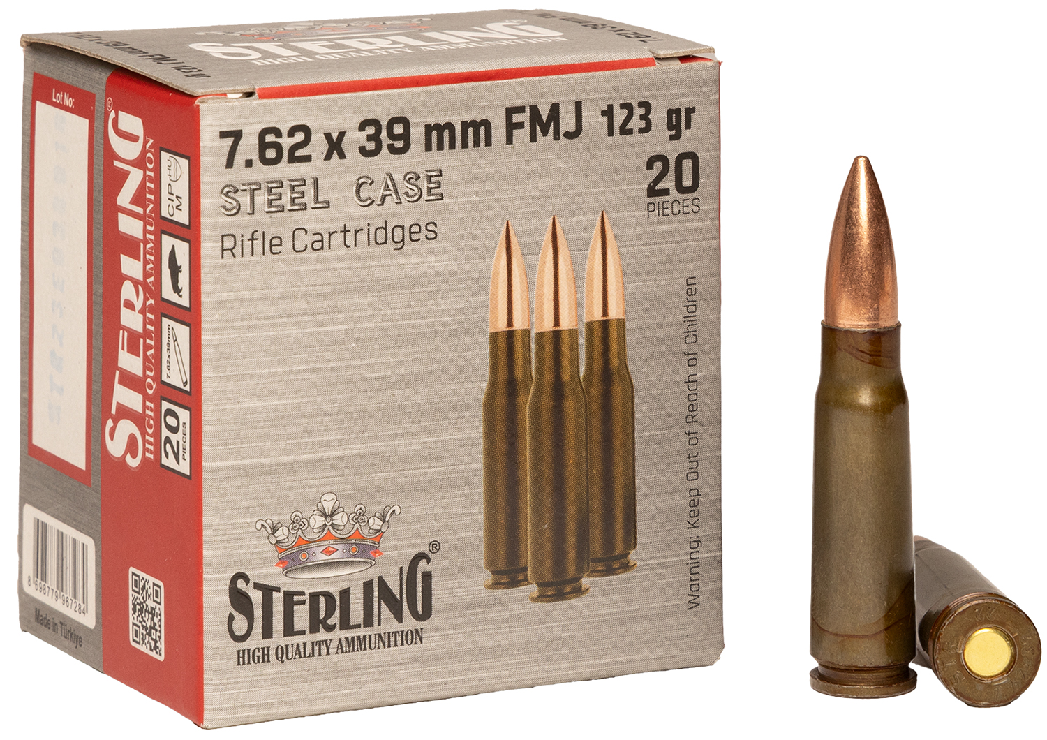 Box of Sterling 7.62x39 123 grain FMJ steel case rifle ammunition