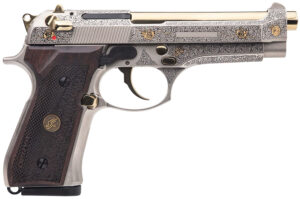 Derya Melik 9mm nickel engraved pistol with mahogany grips and 4.90" barrel
