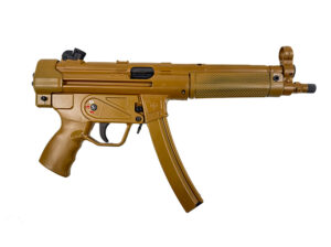 Military Arms MAC 12750010 5 9mm pistol side view with 8.90 inch threaded barrel and RAL 8000 optic-cut receiver