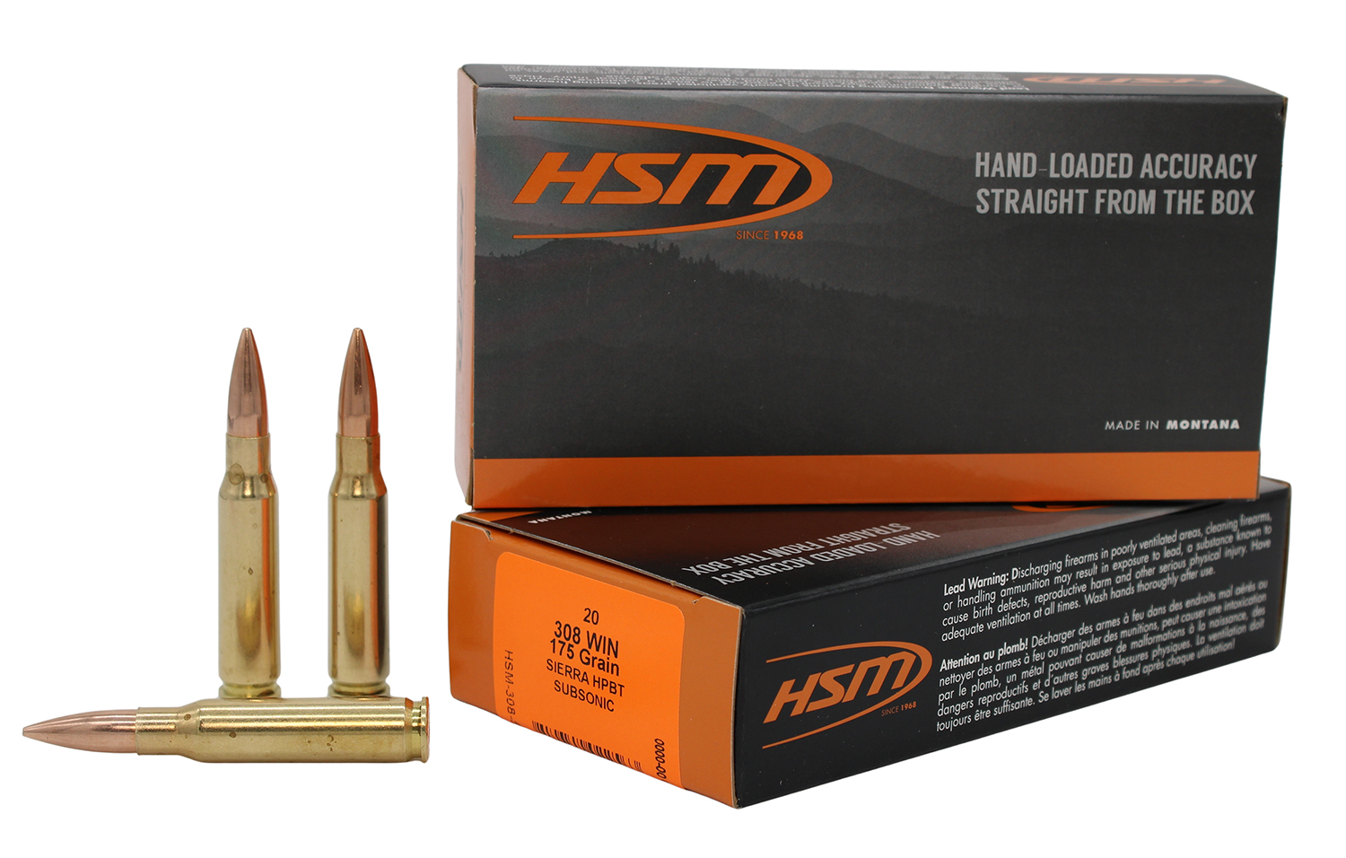 HSM Subsonic .308 Winchester 175gr HPBT ammunition box, 20 rounds