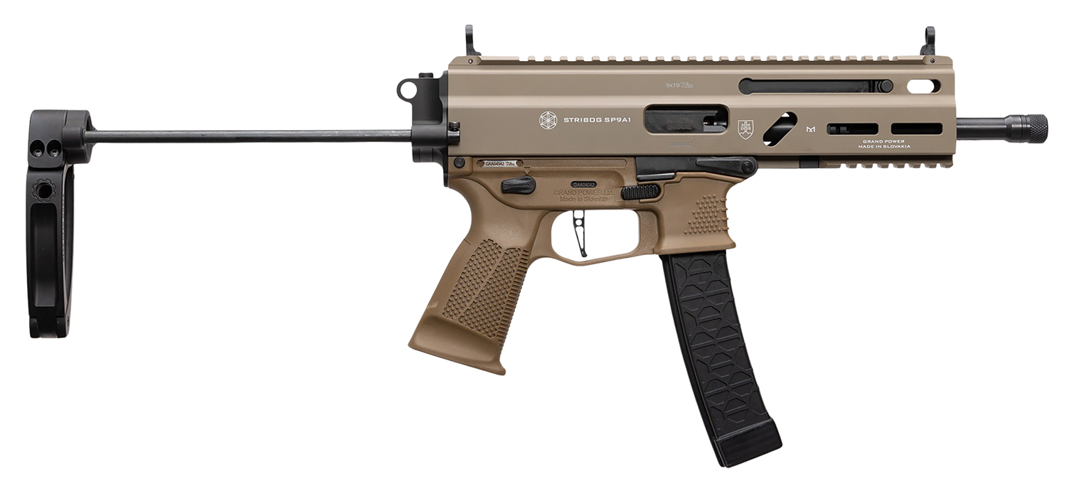 Grand Power Stribog SP9A1 9mm PDW tailhook brace FDE side view