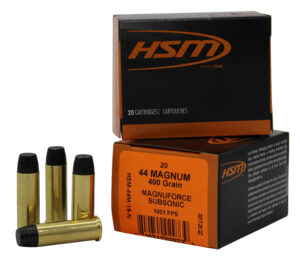 HSM subsonic 44 Rem Mag 400 grain hard cast ammunition box and rounds