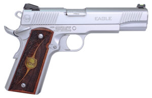 Iver Johnson Eagle HC Gen2 1911 45 ACP pistol with satin hard chrome finish and walnut grips, right side view