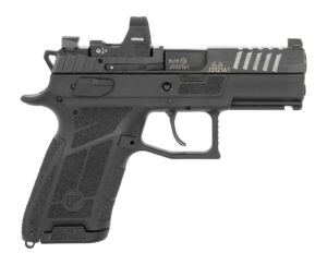 CZ-USA P-09 C Nocturne 9mm pistol with Viridian RFX15 green dot optic mounted on serrated black nitride slide