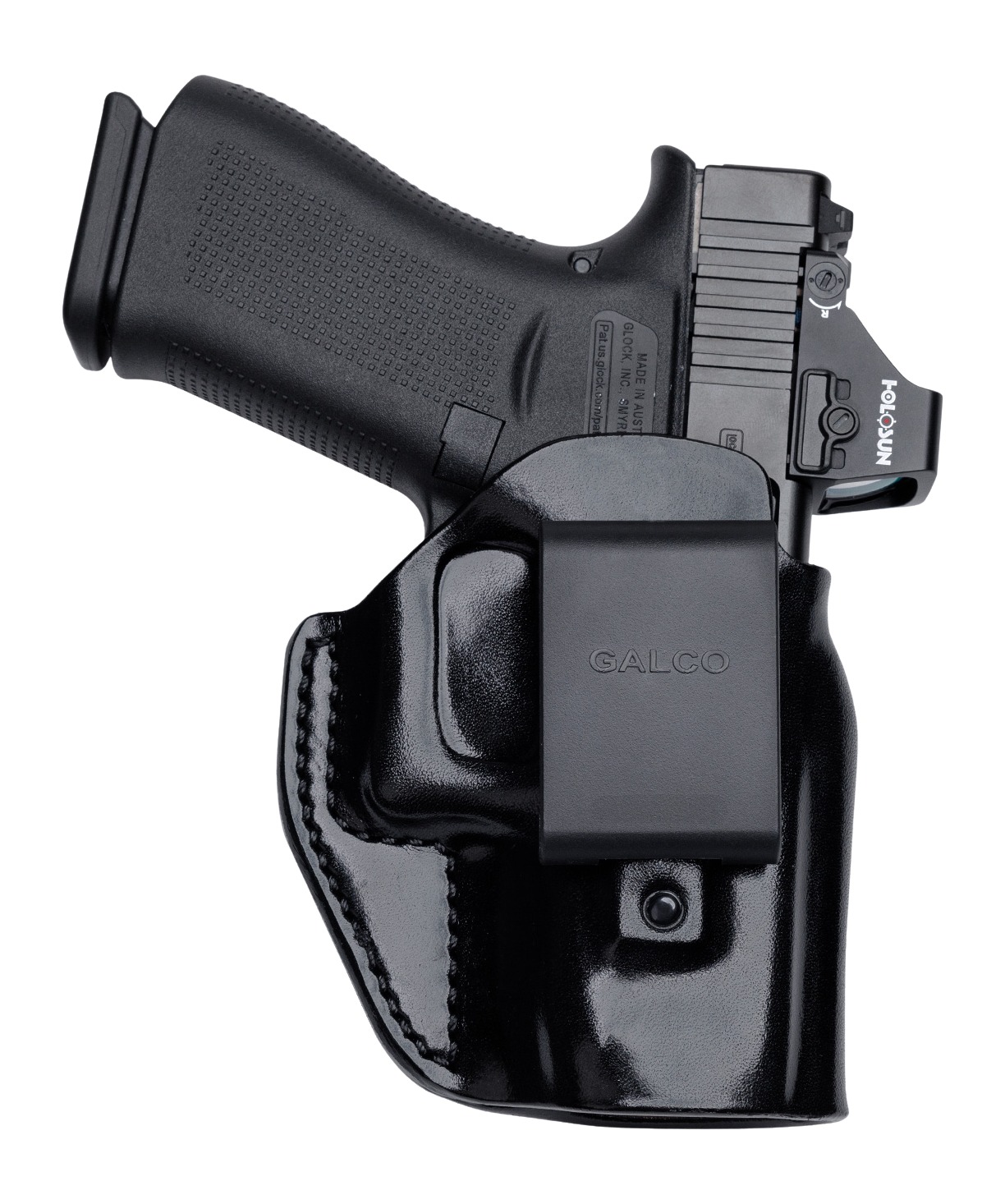 Black leather Galco STOW-N-GO Elite IWB holster with polymer belt clip