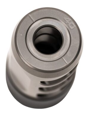Area 419 Hellfire-Ti .40 caliber titanium muzzle brake in gray with 5/8x24 threads