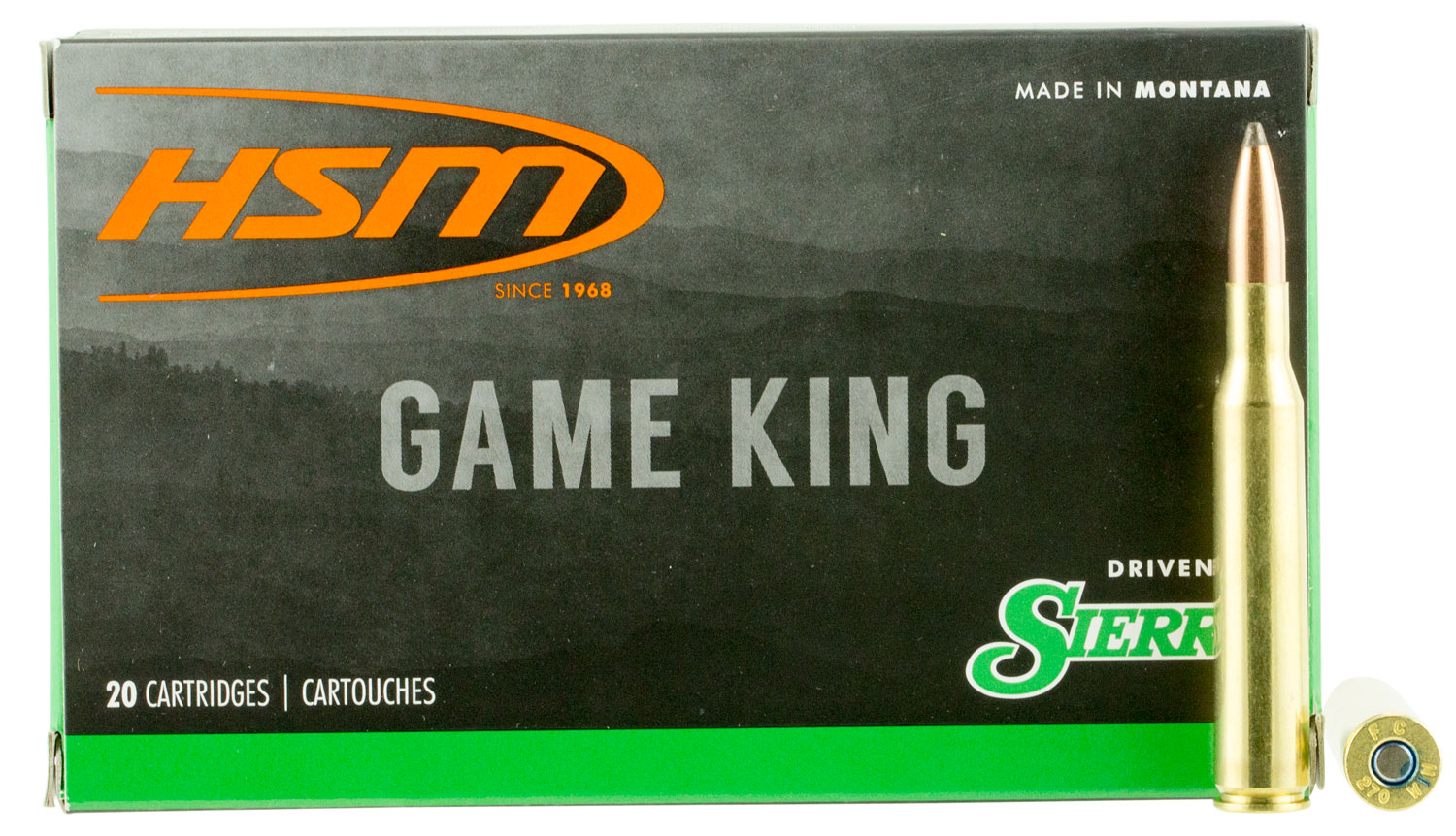 Box of HSM Game King 270 Winchester 130 grain ammunition with Sierra spitzer boat tail bullets