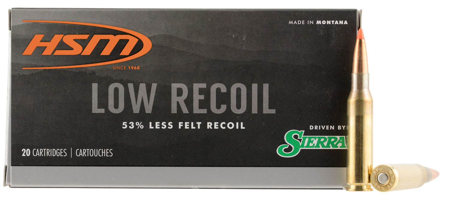 HSM Low Recoil 7mm-08 Remington 140 grain ammunition box with 20 rounds and distinctive orange-tipped bullets