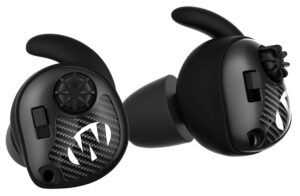 Walkers Silencer electronic earbud pair in matte black with carbon fiber accents