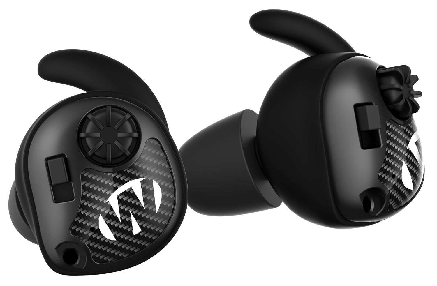 Walkers Silencer electronic earbud pair in matte black with carbon fiber accents