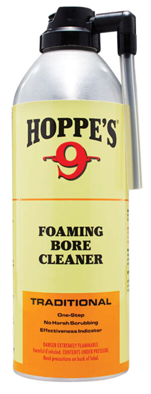 Hoppe's No. 9 Foaming Bore Cleaner 12 oz aerosol can, orange foam with color-change indicator