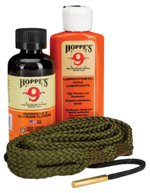 Hoppe's 1-2-3 Done Shotgun Cleaning Kit for 12 Gauge showing BoreSnake, No. 9 cleaner, and lubricating oil