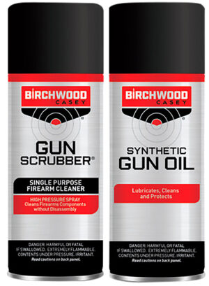 Birchwood Casey Gun Scrubber and Synthetic Gun Oil combo pack two 1.25 fl oz aerosol cans