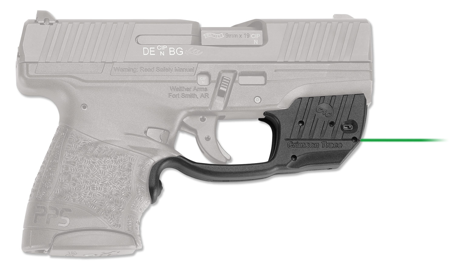 Crimson Trace green laser sight mounted to Walther PPS M2 trigger guard