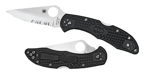 Spyderco Delica 4 C11SBK 2.88in serrated VG-10 drop point folding knife, black textured FRN