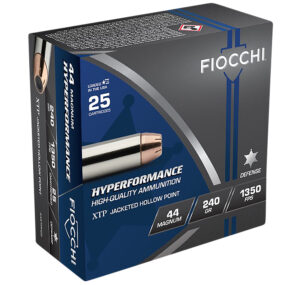 Fiocchi .44 Magnum 240gr XTP hollow point ammunition 25-round box, brass-cased cartridges
