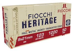 Fiocchi Heritage 9x21mm IMI 123 gr FMJ-TC ammunition box and cartridges