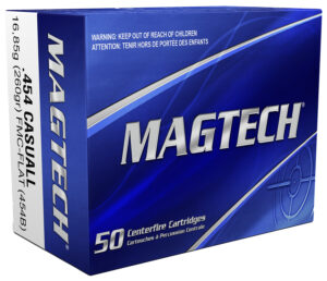 Magtech 454B .454 Casull 260 gr FMJ-FN ammunition box and cartridges, 20 rounds per box