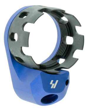 Strike Industries AR castle nut and extended quick-detach end plate in blue hardcoat anodize