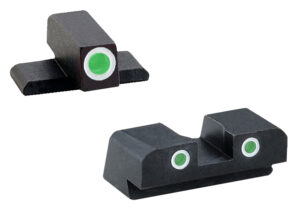 AmeriGlo XD191 tritium 3-dot front and rear sights, green tritium with white outlines, black steel frame, for Springfield XD