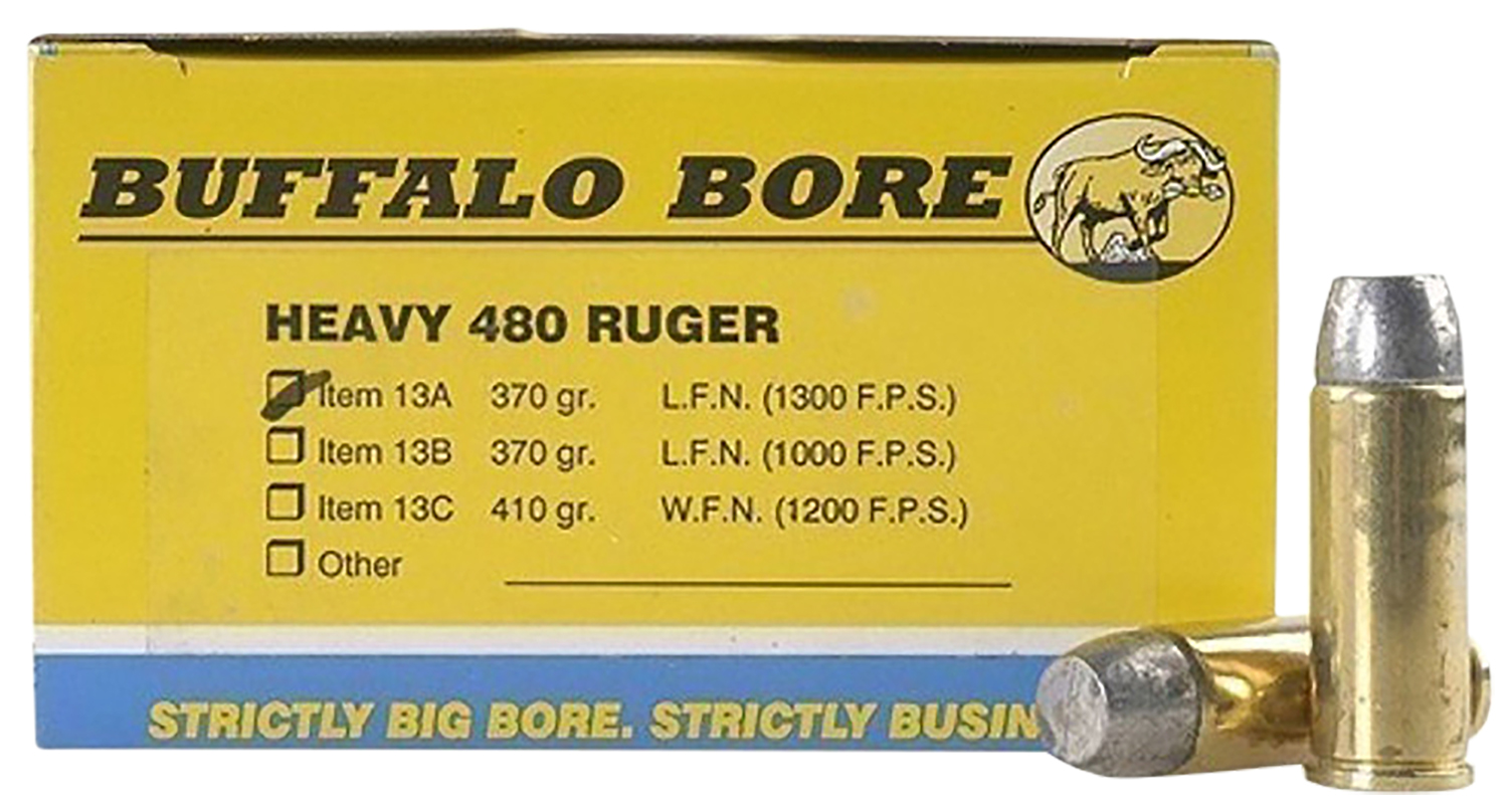 Buffalo Bore .480 Ruger 370gr lead flat nose ammunition 20-round box