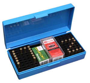 MTM SB-200 blue flip-top rimfire ammo box with Snap-lok latch and fold-down handle