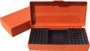 MTM Case-Gard SB-200 red flip-top rimfire ammo box with snap latch and fold-down handle