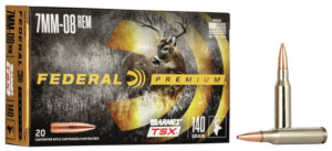 Box of Federal Premium 7mm-08 Rem 140gr Barnes TSX ammunition showing 20 rounds