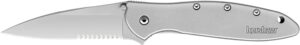Kershaw Leek 3in partially serrated drop point folding knife with silver bead-blasted handle