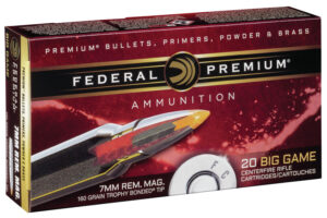 Box of Federal Premium 7mm Remington Magnum 160 grain Trophy Bonded Tip ammunition