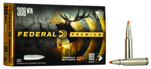 Federal Premium 180gr Trophy Bonded Tip .308 Winchester rifle ammunition box with 20 rounds
