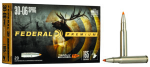 Box of Federal Premium Vital-Shok 30-06 Springfield 165 grain Trophy Bonded Tip ammunition with individual rounds displayed