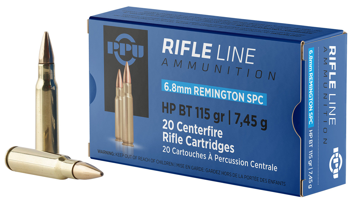 PPU 6.8mm Remington SPC 115 gr HPBT rifle ammunition box, 20 rounds