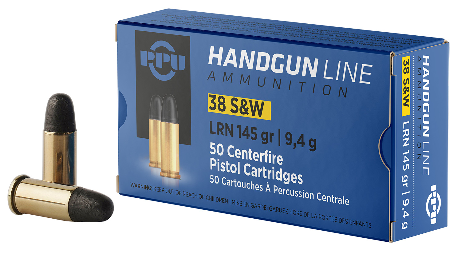 PPU .38 S&W 145 gr LRN 50 rd box brass-cased handgun ammunition