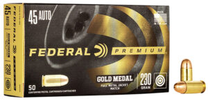 Federal Premium Gold Medal .45 ACP 230 gr FMJ ammunition 50rd box brass cases