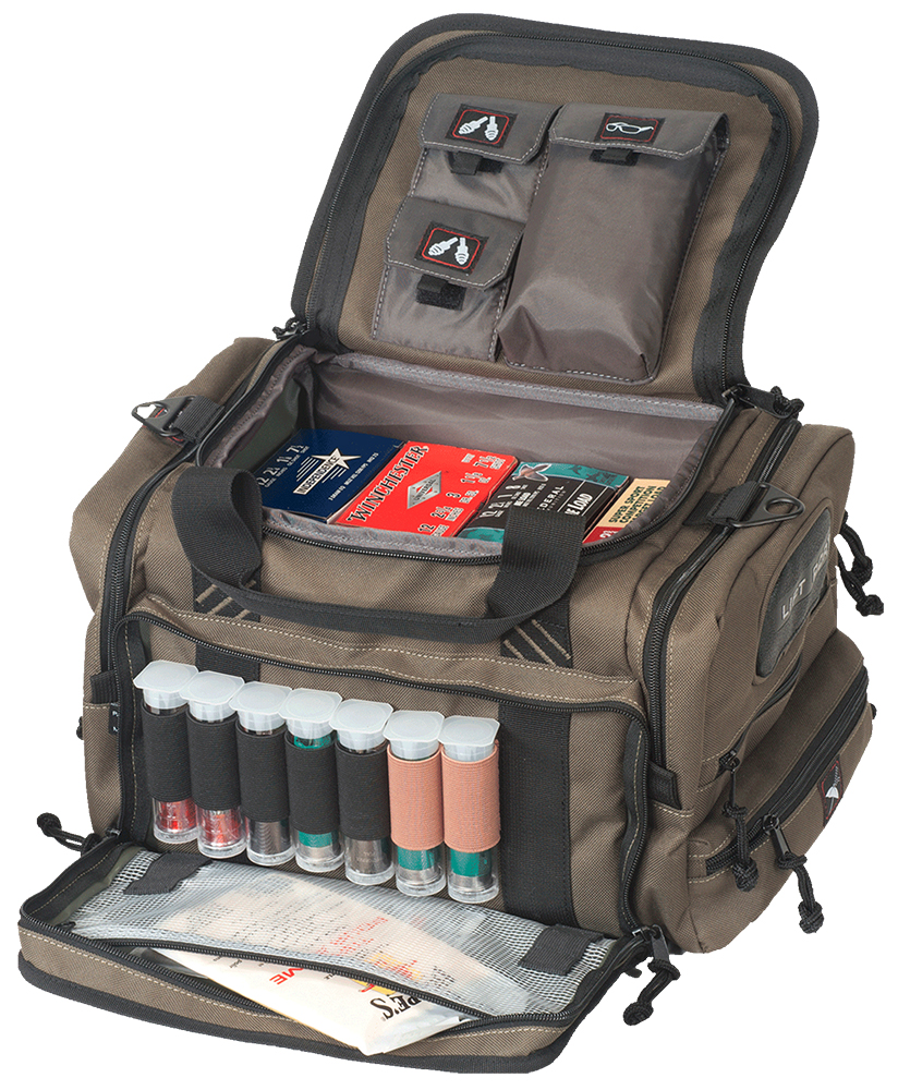GPS Sporting Clays range bag olive green with pockets, choke tube storage and pull-out rain cover